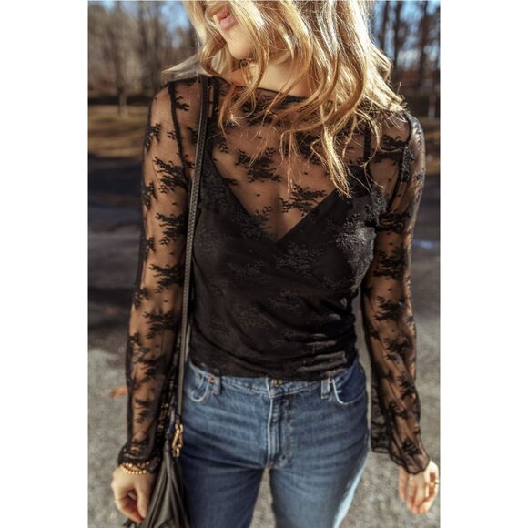 Tops Black Floral Sheer Long Sleeve Top Poshmark — free download